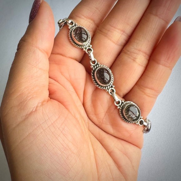 Natural Black Grey Needle RUTILE QUARTZ Sterling Silver 925 Bracelet New 7.5 - 8 - Picture 6 of 11